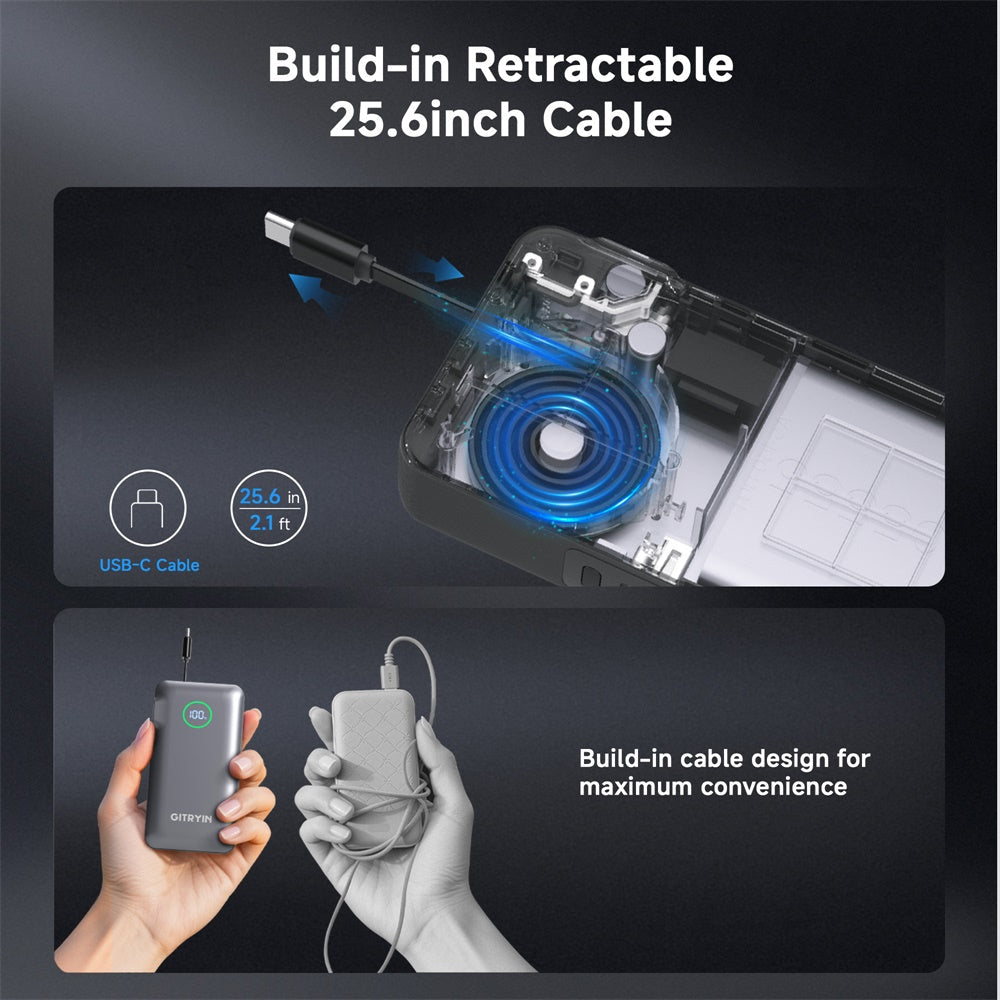 Gitryin 10,000mAh Retractable-Cable Power Bank