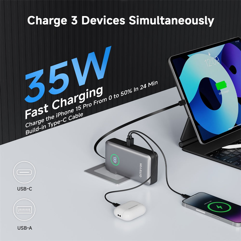 Gitryin 10,000mAh Retractable-Cable Power Bank