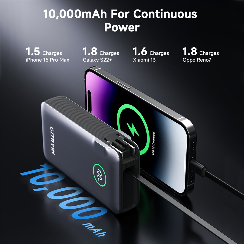 Gitryin 10,000mAh Retractable-Cable Power Bank