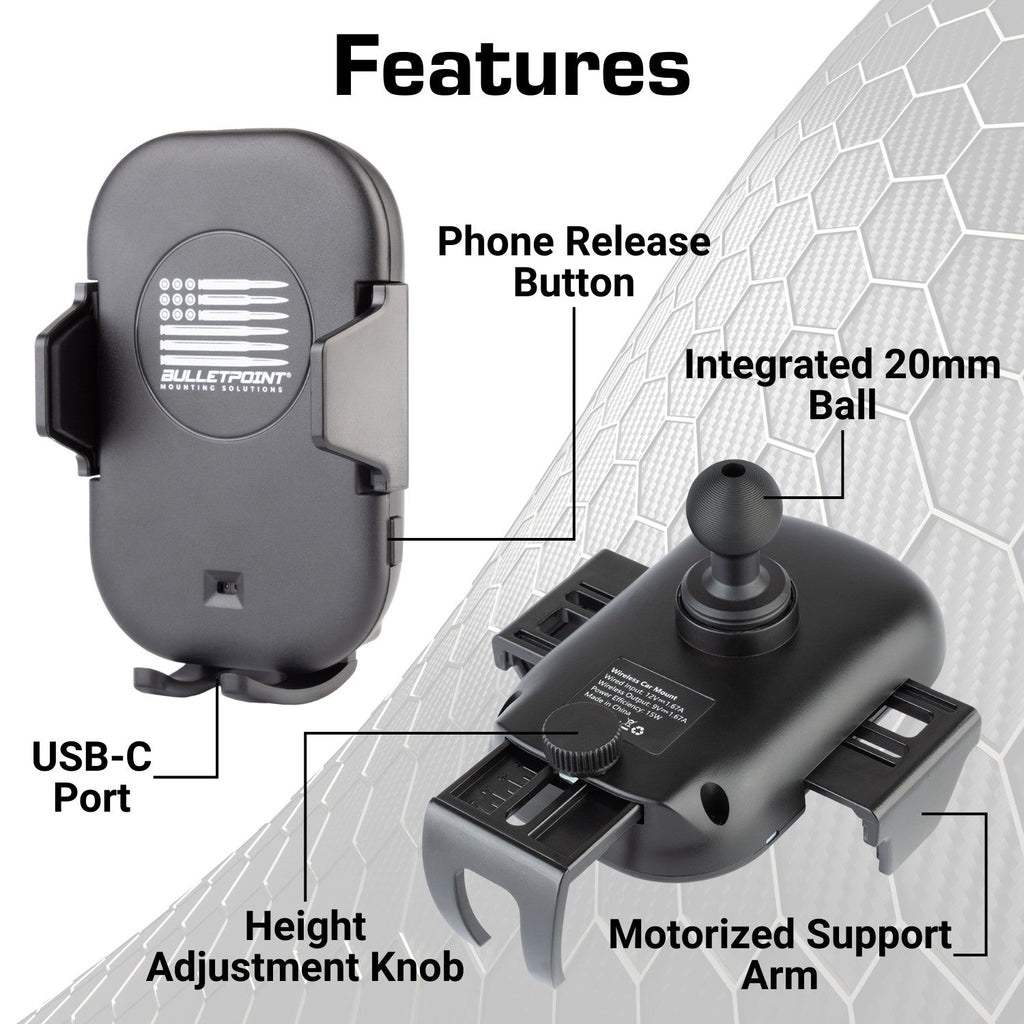 Bulletpoint Mounting Solutions Motorized Wireless Car Phone Charging Cradle