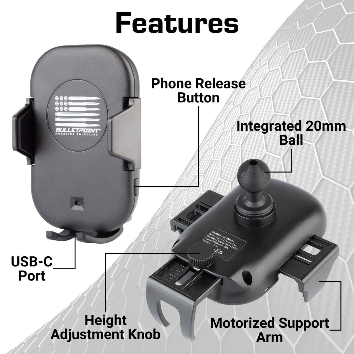 Bulletpoint Mounting Solutions Motorized Wireless Car Phone Charging Cradle