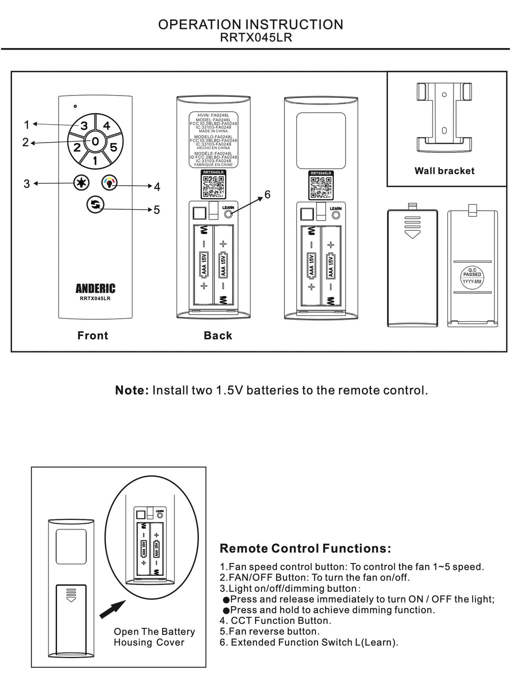 Anderic Ceiling Fan Remote Control