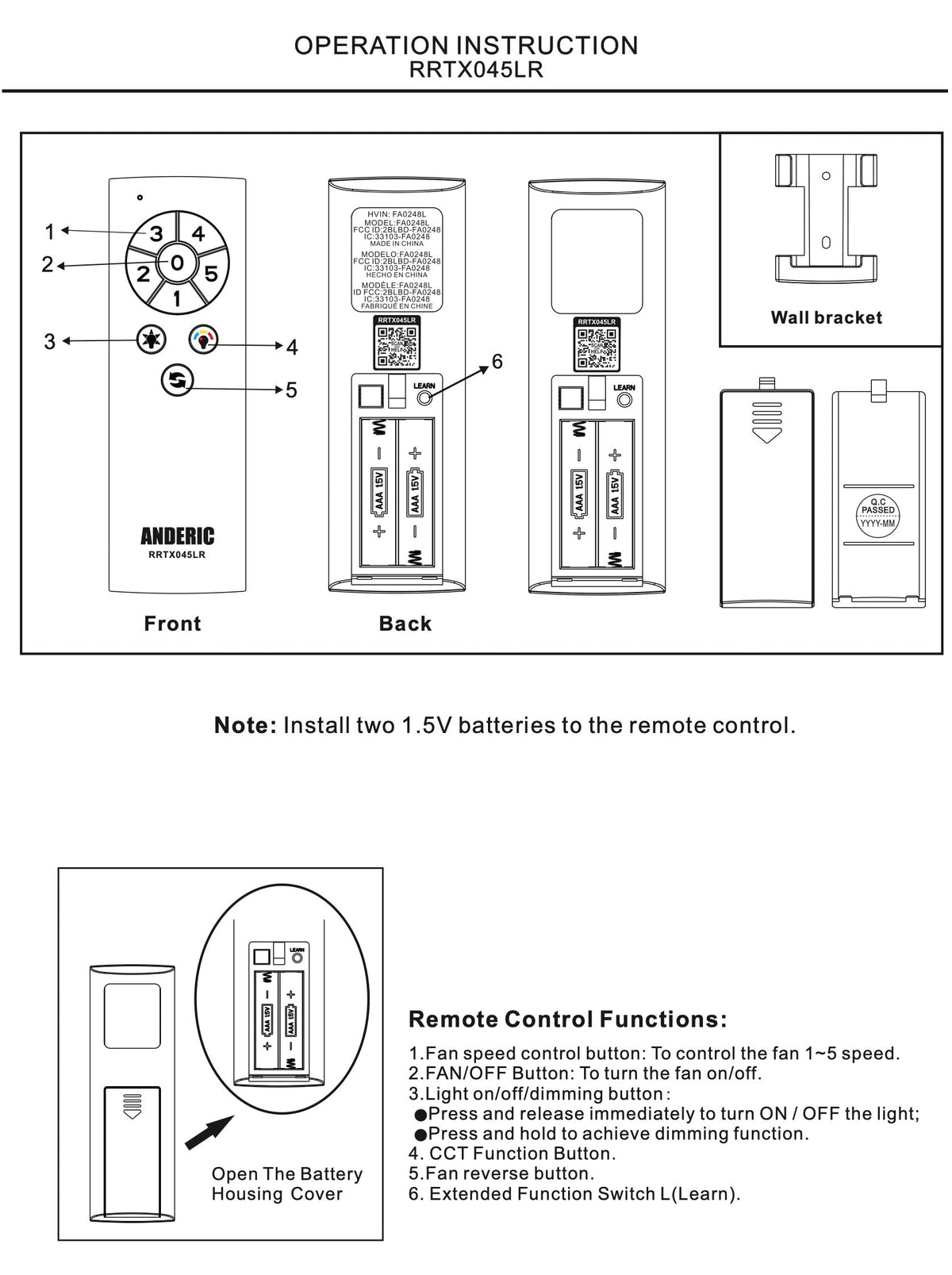 Anderic Ceiling Fan Remote Control