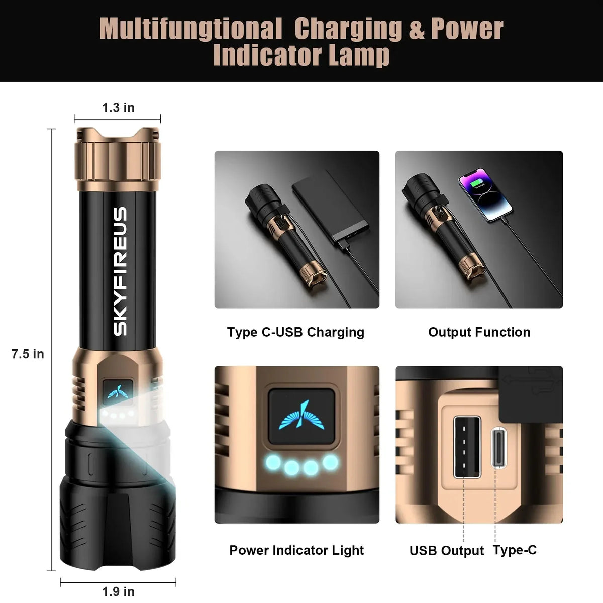 SKYFIRE Flashlight Store Rechargeable Handheld Flashlight