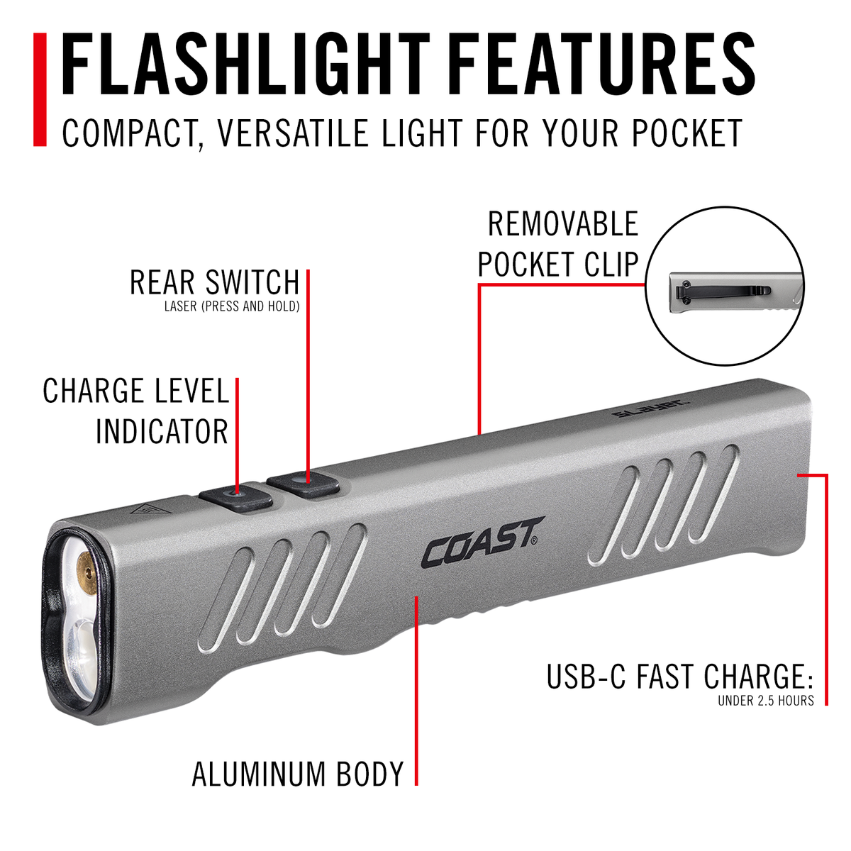 COAST Products Rechargeable Handheld Flashlight with Red Laser