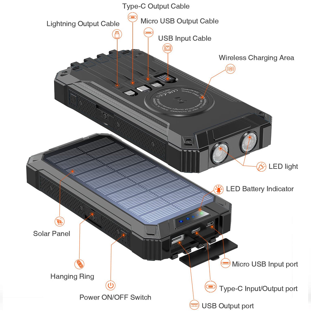 Stealth Angel Survival 20,000mAh Solar Power Bank with Built-In Cables