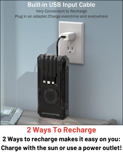Stealth Angel Survival 20,000mAh Solar Power Bank with Built-In Cables