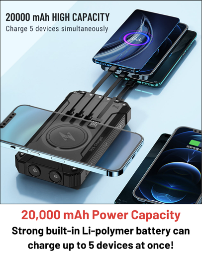 Stealth Angel Survival 20,000mAh Solar Power Bank with Built-In Cables