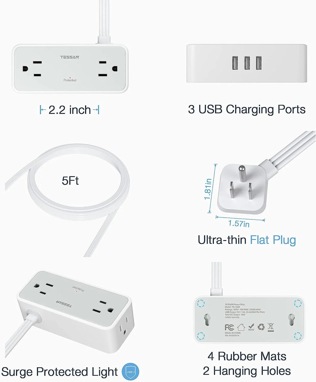 TESSAN USB Surge Protector Power Strip